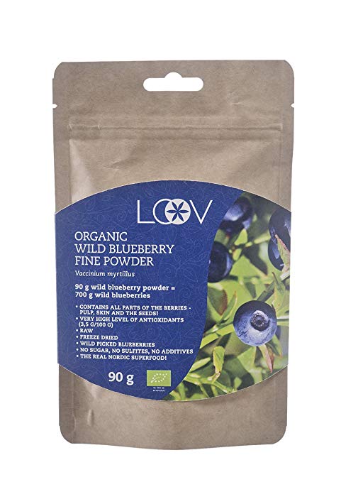 Wild blueberry (bilberry) powder: organic, wild-crafted from Nordic forests, 100% whole fruit, raw, 18-day supply, superior source of antioxidants, 90 g, no added sugar, freeze-dried, non-GMO.
