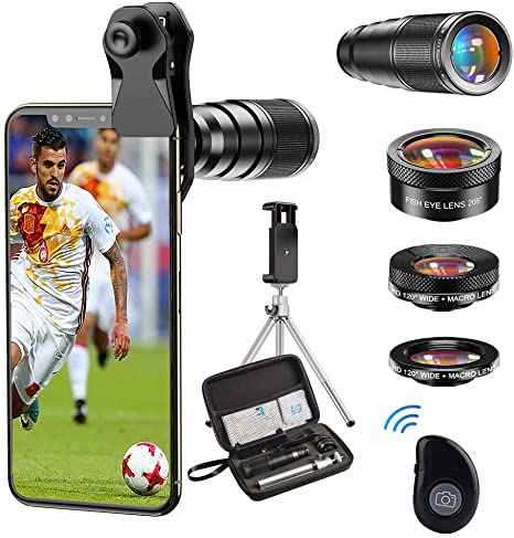 Apexel Cell Phone Camera Lens-22X telephoto Lens  25X Macro Lens 120° Wide Angle Lens 205°Fisheye 4 IN 1 Phone Lens Kit with tripods and remote shutter for iphone 11 pro huawei P30 Samsung and More