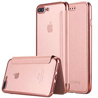 iPhone 7 Plus Case, LONTECT Ultra Slim PU Leather Folio Flip Case with Card Slot & Clear Soft TPU Back Cover for Apple iPhone 7 Plus - Rose Gold