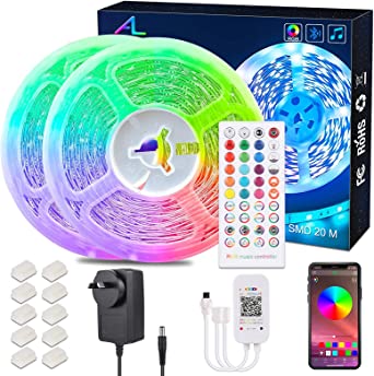 20M/65.6Ft Bluetooth Led Strip Light，ALED LIGHT Music Sync Flexible Color Changing RGB 5050 12V Rope Light Strips Kit with IR Remote App Control for Home, DIY Decoration[Energy Class A ]