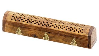 Wooden Coffin Incense Burner - Buddha 12quot - Brass Inlays and Storage Compartment
