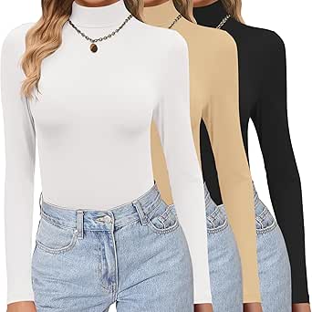 Ekouaer Women's 3 Pack Turtleneck Shirts Long Sleeve Mock Tops Lightweight Basic Layering Thermal