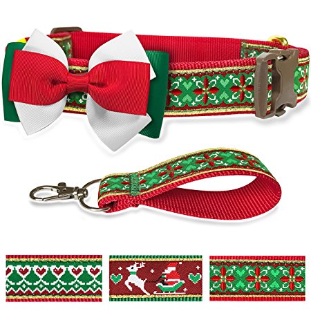 Pet Rejoir 5 Patterns Christmas Dog Collar with Detachable Bowtie & 8 Designer Holiday Dog Collars- Neck 12~15", 15~19" and 19~25" Adjustable Collar for Small, Medium and Large Dogs