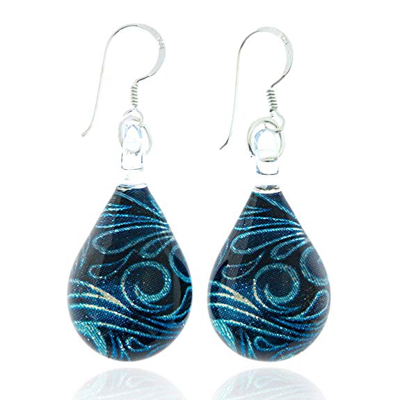 925 Sterling Silver Glass Jewelry Glittery Blue Abstract Art Curve Design Dangle Hook Earrings