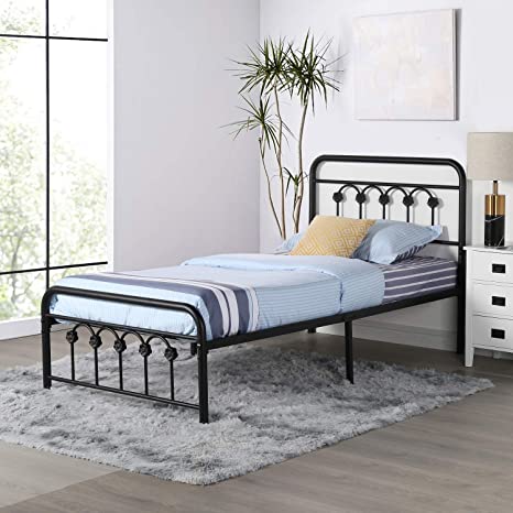 VECELO Vintage Twin Size Bed Frame Platform with Headboard and Footboard/No Box Spring Needed,Premium Steel Solid Sturdy Metal Slat Support,Black