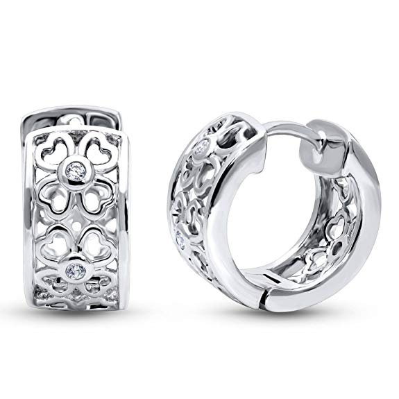 BERRICLE Rhodium Plated Sterling Silver Cubic Zirconia CZ Clover Fashion Small Huggie Earrings 0.55"
