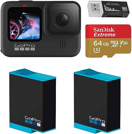 GoPro HERO9 Black, Waterproof Sport and Action Camera, 5K/4K Video, Bundle with 2 Extra Battery, 64GB microSD Card, Card Reader