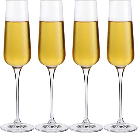 Crystal Champagne Flutes Glasses Set of 4 - Machine Made Glass 100% Lead Free 8 Ounce