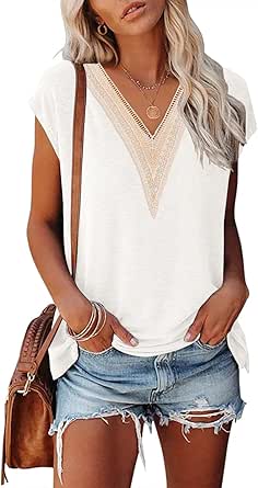 MEROKEETY Women's Casual Cap Sleeve Lace Trim V Neck Tops 2024 Summer Loose Tee Shirts Blous