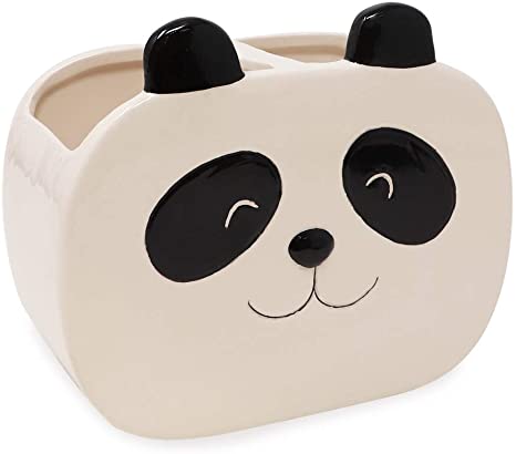 Isaac Jacobs Black and White Ceramic Panda Makeup Brush Holder, Multi-Purpose 2-Section Organizer. Bathroom, Kitchen, Bedroom, Office Décor (2-Section Cup, Panda)