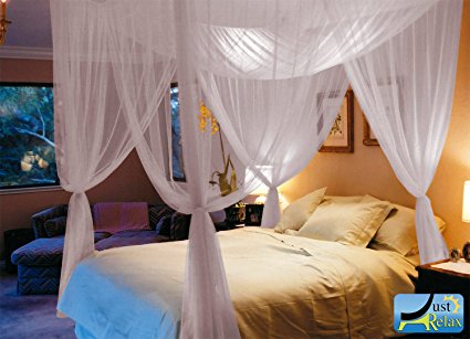 Just Relax Four Corner Post Elegant Mosquito Net Bed Canopy Set, White, Full/Queen/King, 86.6x78.7x98.4 Inches