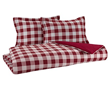 FLANNEL REVERSIBLE DUVET SET 100% Cotton Brushed on both sides 1 Duvet Cover 102" x 90" and 2 Shams 20" x 36" (KING, BUFFALO CHECK RED)