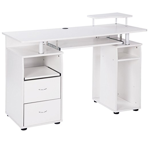 Merax Classic Home Office White Computer Desk with Pull-Out Keyboard Tray and Drawers