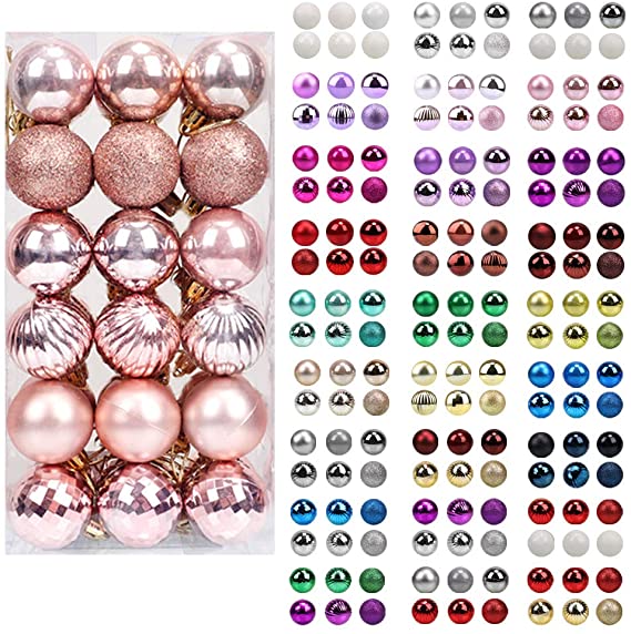 walsport Christmas Balls Ornaments for Xmas Tree, 36ct Plastic Shatterproof Baubles Colored and Glitter Christmas Party Decoration 1.6inch Set (Rose Gold)