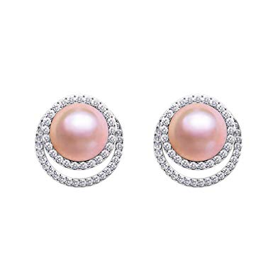 Freshwater Cultured Pearl Earrings Studs with Cubic Zirconia Pearl Jewelry for Women Girls Silver
