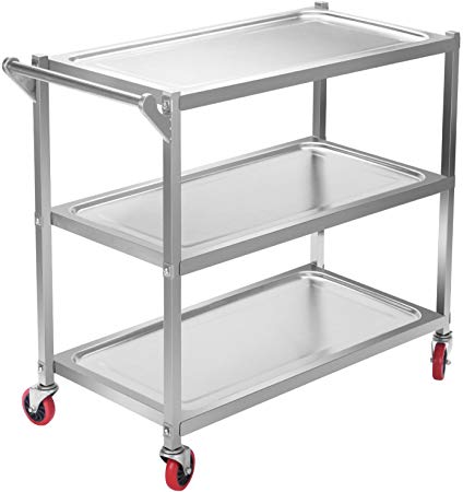 Happybuy Utility Cart 3 Shelf Utility Cart on Wheels 330Lbs Stainless Steel Cart Commercial Bus Cart Kitchen Food Catering Rolling Dolly (3 shelf with Single handle)