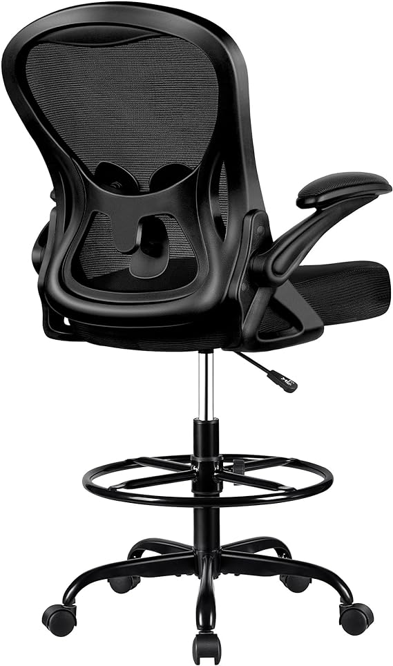 Winrise Drafting Chair, Tall Office Chair Ergonomic Standing Desk Chair, Lumbar Support Computer Chair Swivel Task Rolling Chair with Adjustable Flip-up Armrests & Foot Ring (Black)