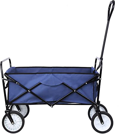 Collapsible Outdoor Utility Wagon, Heavy Duty Folding Garden Portable Hand Cart, with 8" Rubber Wheels and Drink Holder, Suit for Shopping and Park Picnic, Beach Trip and Camping (Navy Blue)