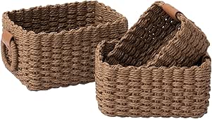 LA JOLIE MUSE Woven Storage Baskets, Recycled Paper Rope Bin Organizer Divider for Cupboards Drawer Closet Shelf Dresser, Set of 3 (Brown)