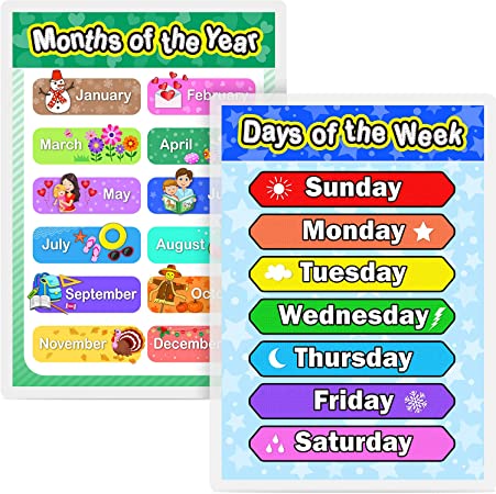 Laminated Preschool Poster for Toddlers and Kids, 2 Pieces Full Laminated Posters Days of the Week and Months of the Year for Nursery Homeschool Kindergarten Classroom, 16.9 x 11.9 Inch