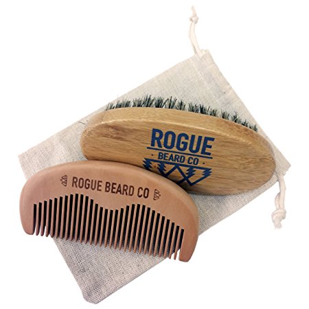 BEARD BRUSH COMB SET - Wooden Boar Hair Bristle Beard Brush   Wooden Comb Set by Rogue Beard Company - Perfect For a Beard Grooming Kit for Men - Made of Boars Hair Bristles Firm Natural Wood