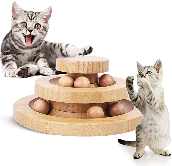 AriTan Interactive Wooden Cat Toy Double Layer Rotating Smart Track Ball Turntable