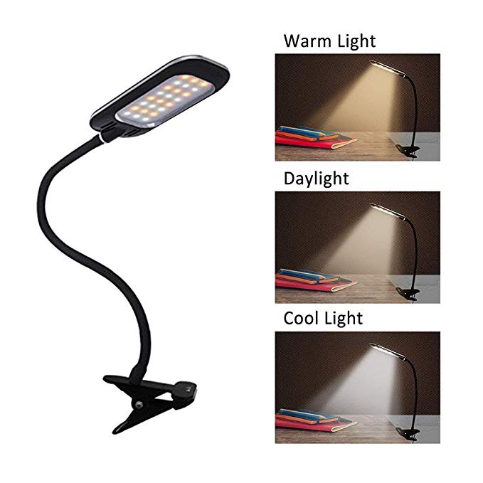 Clip-on Table Lamp, Reading Light,OxyLED Dimmable Eye-Care LED Desk Lamps, Clip On Book Light Music Stand Light, Flexible Gooseneck Light, 2 Brightness Level & 3 Light Color Mods, Night Reading in Bed,Black, T33