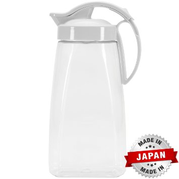 QuickPour Airtight Pitcher with Locking Spout Japanese Made - For Water, Coffee, Tea, & Other Beverages - 2.3 Quarts - White