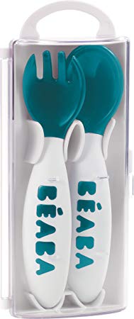 BEABA 2nd Stage Ergonomic Baby Cutlery, Spoon & Fork with Travel Case, Peacock