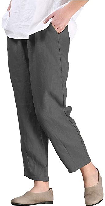 Tebreux Women's Linen Cropped Pants Drawstring Capris Tapered Trousers with Pockets