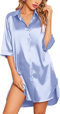 Samring Women's Silk Nightgown 3/4 Sleeve Nightshirt Button Down Sleepshirt Satin Night Gowns for Women Sleepwear