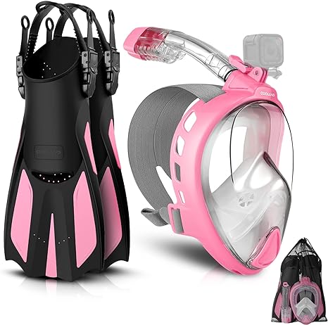 Odoland Snorkeling Packages for Adults & Youth, Full Face Snorkel Mask with Camera Mount, Adjustable Swim Fins, Mesh Bag, Anti-Fog Anti-Leak Scuba Diving Gear for Men & Women