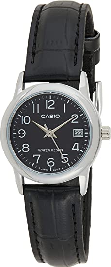 Casio #LTP-V002L-1B Women's Standard Analog Leather Band Black Dial Date Watch