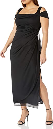 Alex Evenings Women's Plus Size Long Cold Shoulder Dress with Ruched Skirt