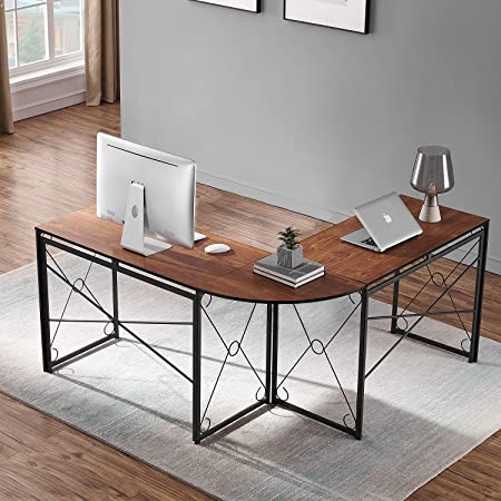 VECELO L-Shaped Corner Computer Home Office Desk 39.4-Inch Writing Work Station for Gaming/Study, No Assembly Required, Space-Saving, Brown