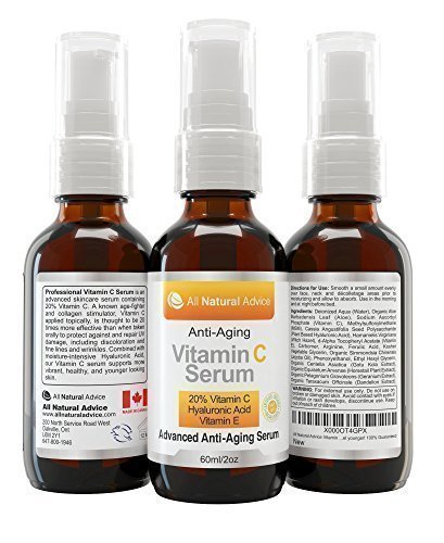 20 Vitamin C Serum DOUBLE the size at 2 oz or 60 ml MADE IN CANADA Certified Organic with Hyaluronic Acid  Vitamin E Moisturizer  Collagen Boost Reverse Skin Aging Removes Sun Spots Wrinkles and Dark Circles Excellent for Sensitive Skin - Both PUMP and DROPPER Included - 100 Guaranteed