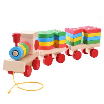 Lewo Deluxe Stacking Train Set Toddler Toy Three Section Wooden Car Sets Block Games Pull Along Shapes Puzzles Educational Toys