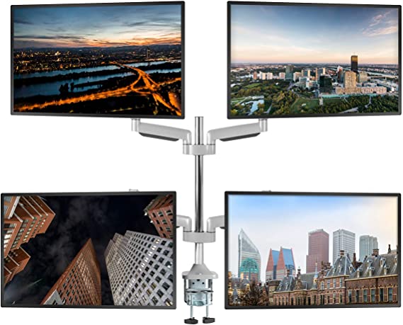 TechOrbits Quad Monitor Stand Mount - SmartSWIVEL - Four Computer Screen Desk Mount Arms - Full Motion Swivel Articulating Gas Springs - Universal Fit for 13" - 30" Screens Vesa Mount
