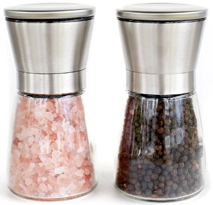 Stainless Steel Salt and Pepper Grinder Set with Matching Stand - Salt and Pepper Mill Pair with Adjustable Coarseness and Glass Body - Brushed Stainless Steel Salt and Pepper Shakers