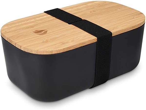 Navaris Bento Box - Japanese Style Lunch Box with Bamboo Lid for On the Go, Meal Prep, Snack Packing - Eco Friendly Food Container - Black, 1100ml