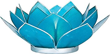 Luna Bazaar 3-Layer Capiz Lotus Candle Holder (2.25-Inch, Turquoise Blue & Silver, Silver-Edged) - For Use with Tea Lights - For Home Decor, Parties, and Wedding Decorations