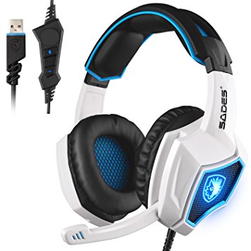 [2016 Newest]SADES Spirit Wolf USB Gaming Headset with Vibration,Microphone Over-the-Ear Noise Isolating Volume Control LED Light For PC Gamers (White)