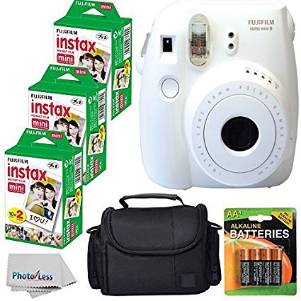 Fujifilm Instax Mini 8 Instant Film Camera (White) With Fujifilm Instax Mini 6 Pack Instant Film (60 Shots)   Compact Bag Case   Batteries Top Kit - International Version (No Warranty)