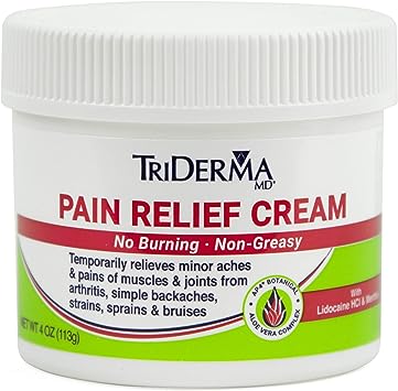 TriDerma Pain Relief Cream Maximum Strength for Heel and Foot Pain, Back, Joint and Neck Pain, Arthritis, Muscle Recovery and Nerve Pain Relief with Lidocaine, Arnica, Menthol and AP4 Aloe, 4 Ounces