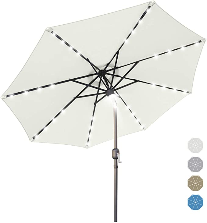 9FT Patio Umbrella Ourdoor Solar Umbrella LED Bluetooth Umbrellas with 32LED Lights Bluetooth speaker , Tilt and Crank Table Umbrellas for Garden, Deck, Backyard and Pool,12 Colors,Light Beige