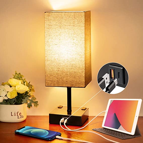 Touch Control Beside Table Lamp 3-Way Dimmable, Touch Control Nightstand Lamp White Fabric LampShade, Desk Reading Lamp for Bedroom Living Room (Square New)