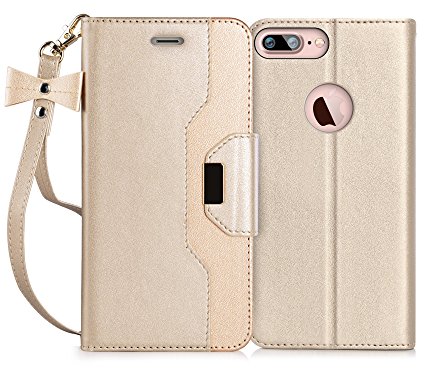 iPhone 8 Plus Case, iPhone 7 Plus Case, FYY [RFID Blocking wallet] [Makeup Mirror] Premium PU Leather Apple iPhone 8 Plus/iPhone 7 Plus Wallet Case with Cosmetic Mirror and Bow-knot Strap Gold