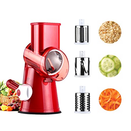 3-Blades Manual Vegetable Slicer Chopper,Efficient and Fast Vegetable Fruit Cutter Cheese Shredder, Speedy Rotary Drum Grater Slicer with Strong-Hold Suction Cup(Red)