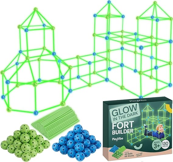 PLAYVIBE 130 PCS Glow in The Dark Kids Fort Building Kit - Fort Builder | Fort Kit | Crazy Kids Fort Building Set | Build A Fort | Air Fort | Indoor/Outdoor Kids Toys