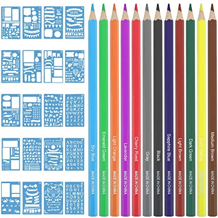 12 Count Premier Colored Pencils and 20 Journal Stencils, JARLINK Soft Core Art Drawing Colored Pencils Set - Draw, Sketch, Illustrate